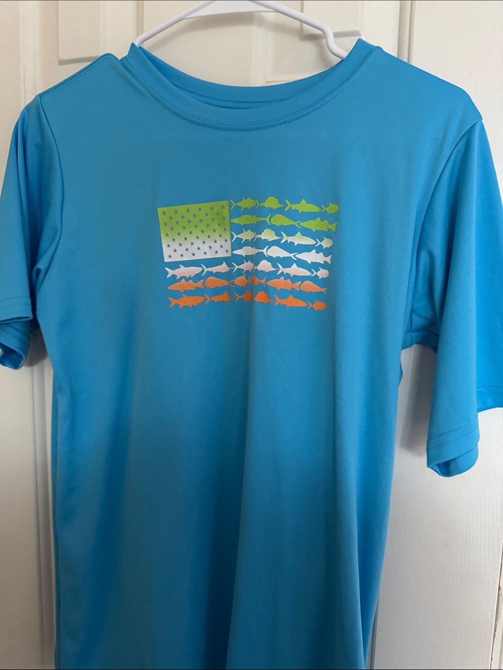 Columbia Bright Blue Short-Sleeve Tee with Lime White and Orange Fish Flag size